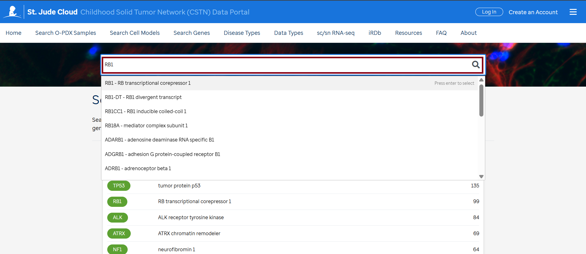 Search box for genes - Screenshot